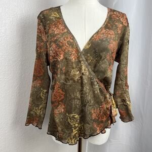 VTG Y2K Sheer Wrap Top Womens Large Floral Whimsigoth Boho Fairy Autumn Artsy